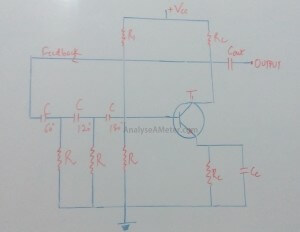 Phase shift oscillator circuit using Transistor image